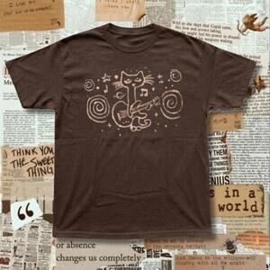 Brown Cat Playing Guitar With Musical Notes And Swirls Graphic Tee